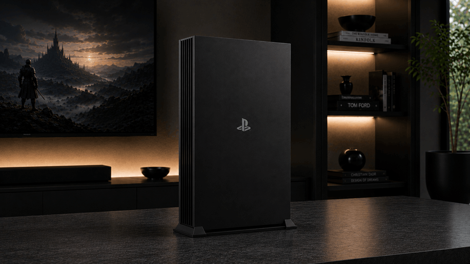 playstation 6 black upright on table