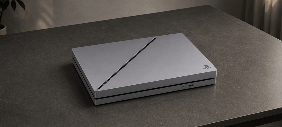 playstation 6 grey on a dark grey table