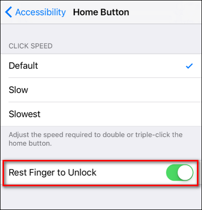 rest finger to unlock setting under home button in the accessibility settings on iPhone