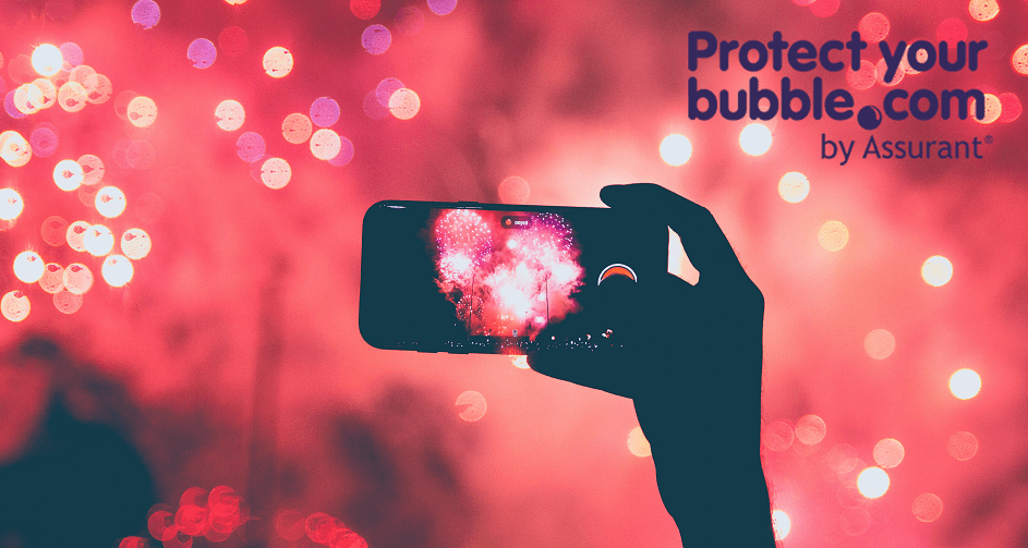 Protect Your Bubble banner with person taking photo of fireworks with iPhone
