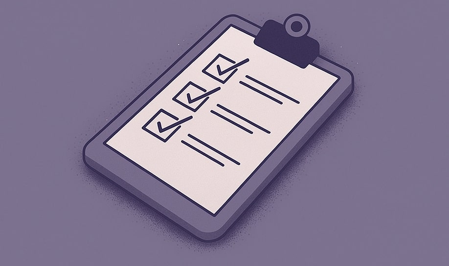 Clipboard with checklist on it on purple background