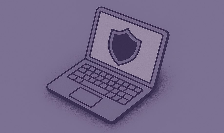 Laptop with shield on it on purple background